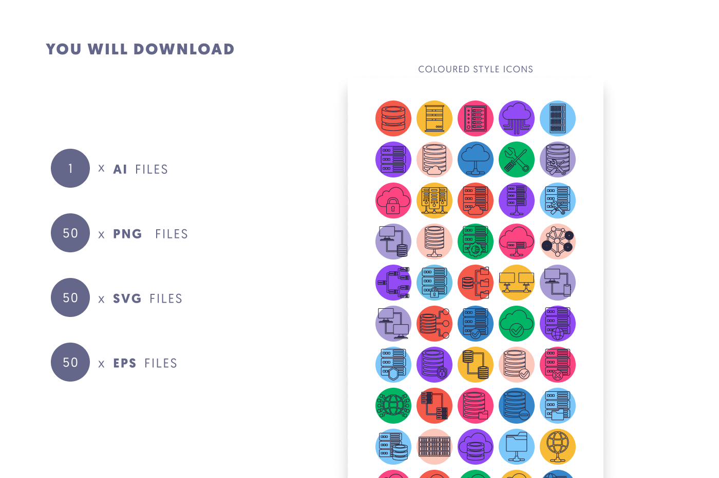 50 Servers Outline Icons – set of colorful illustrated icons