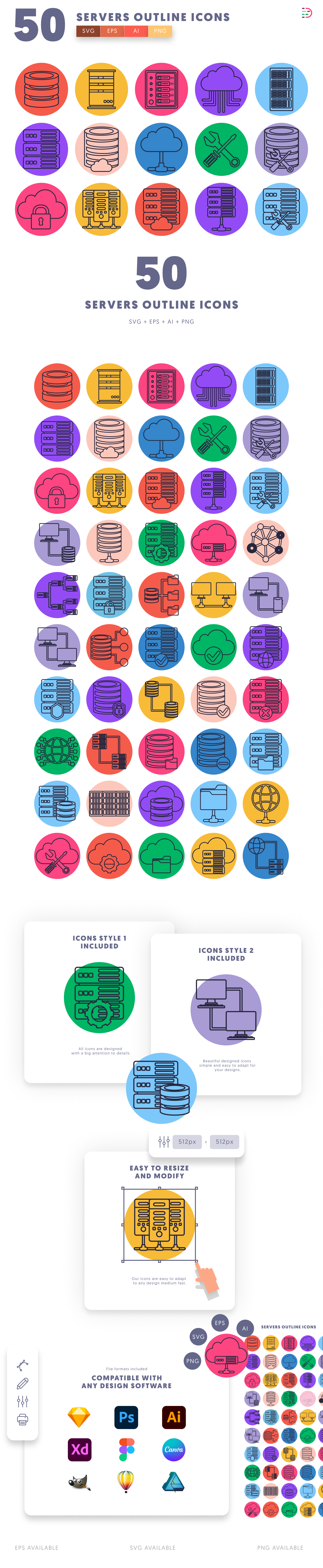 50 Servers Outline Icons – set of colorful illustrated icons