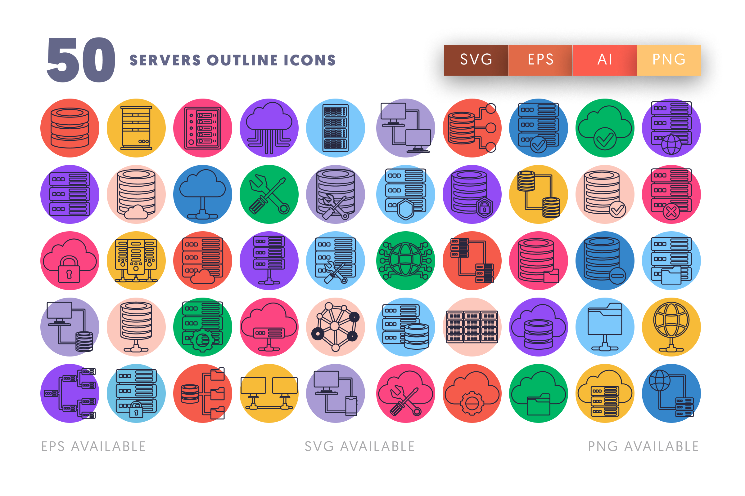 50 Servers Outline Icons – illustrated icon set