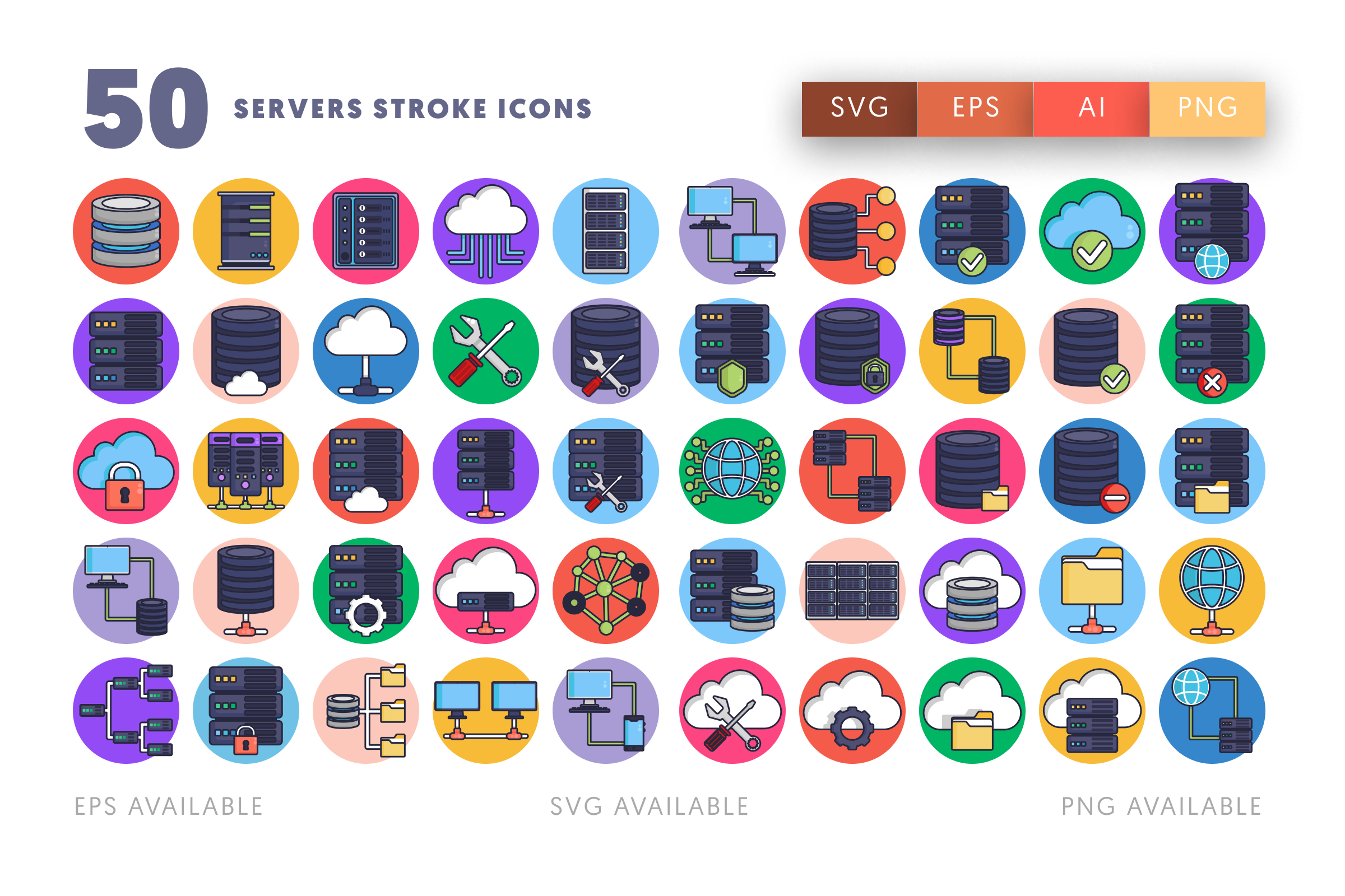 50 Servers Stroke Icons – illustrated icon set