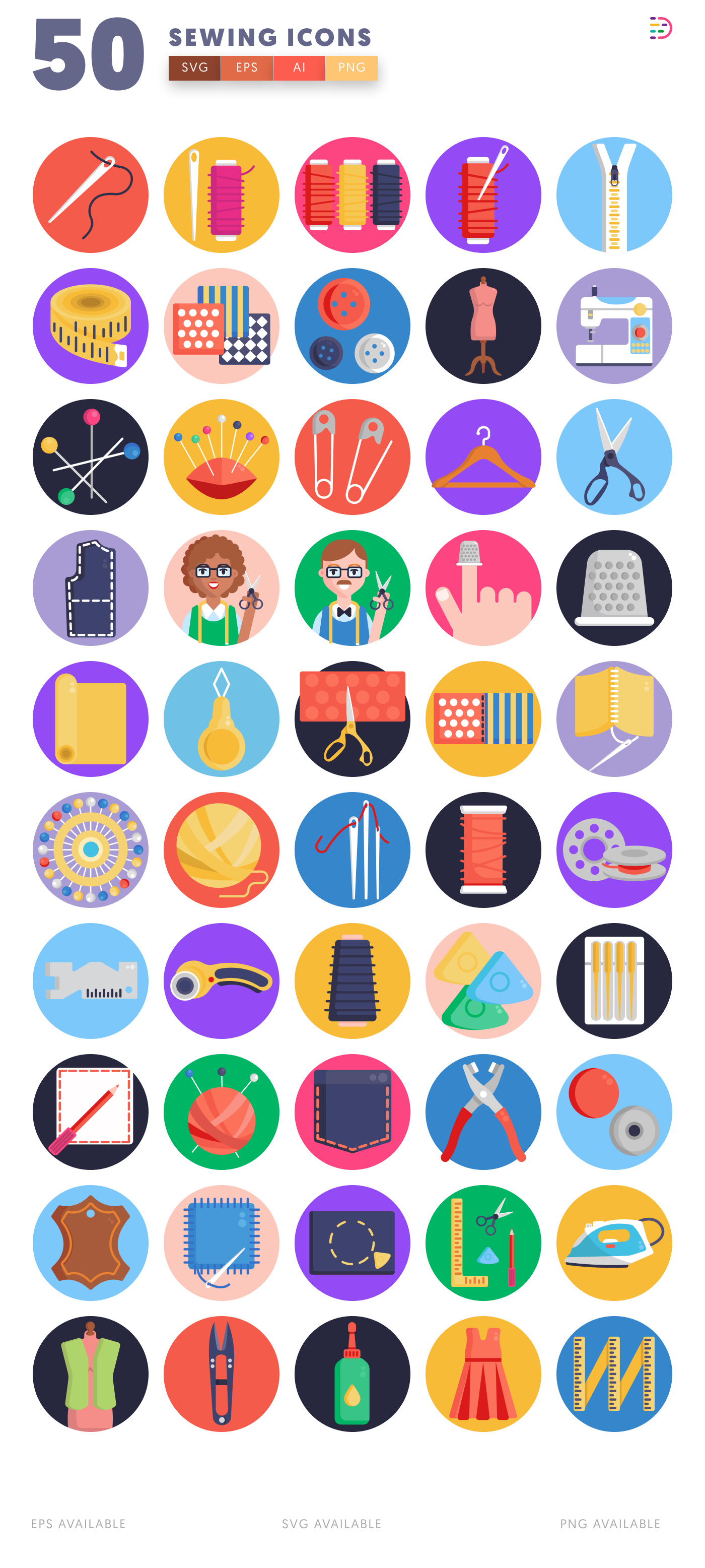 50 Sewing Icons – set of colorful illustrated icons