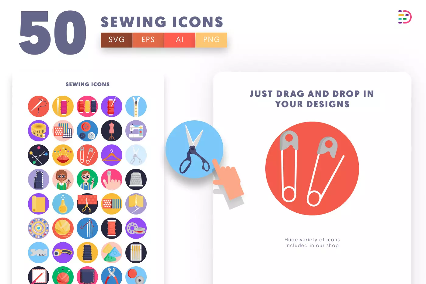 50 Sewing Icons – set of colorful illustrated icons