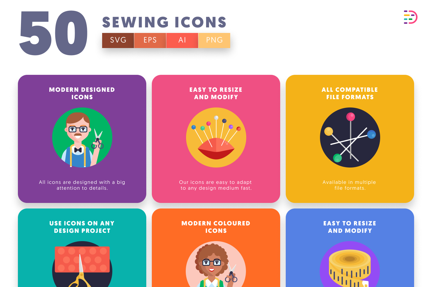 50 Sewing Icons – set of colorful illustrated icons