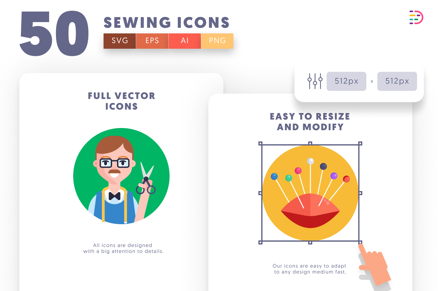 50 Sewing Icons – set of colorful illustrated icons