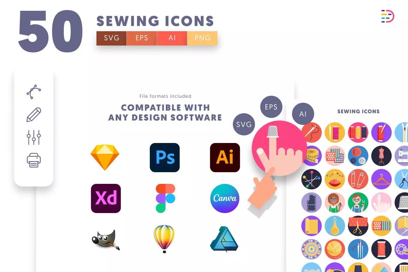50 Sewing Icons – set of colorful illustrated icons