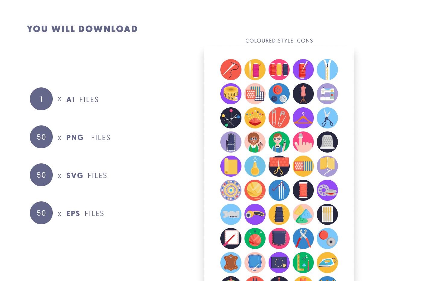 50 Sewing Icons – set of colorful illustrated icons