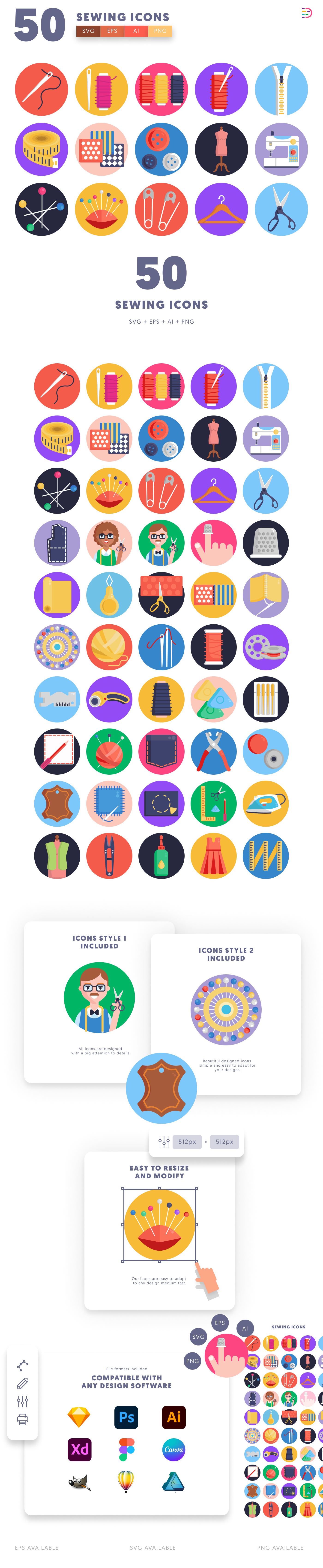 50 Sewing Icons – set of colorful illustrated icons