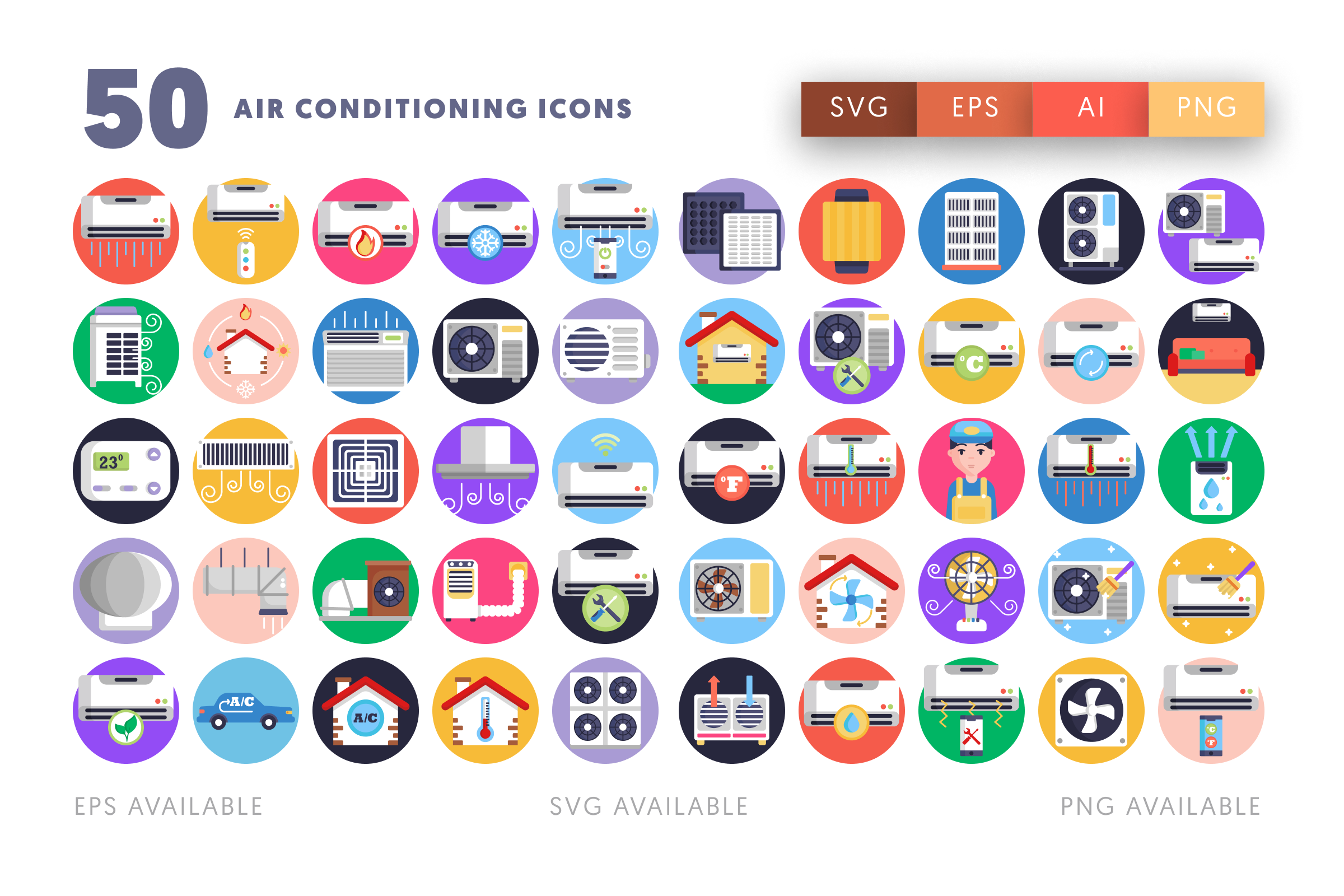 50 Air Conditioning Icons – illustrated icon set