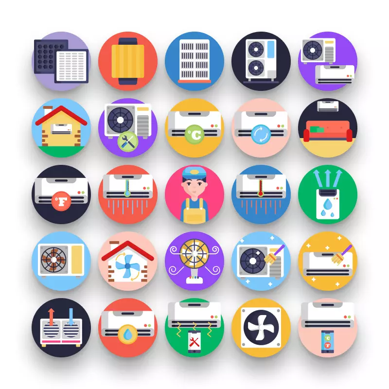50 Air Conditioning Icons – set of colorful illustrated icons