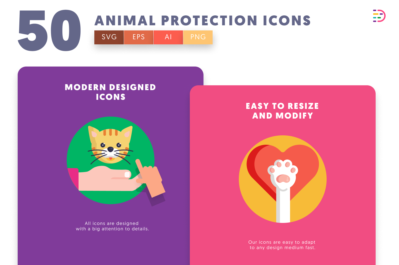 50 Animal Protection Icons cover – illustrated icons in PNG, SVG and EPS