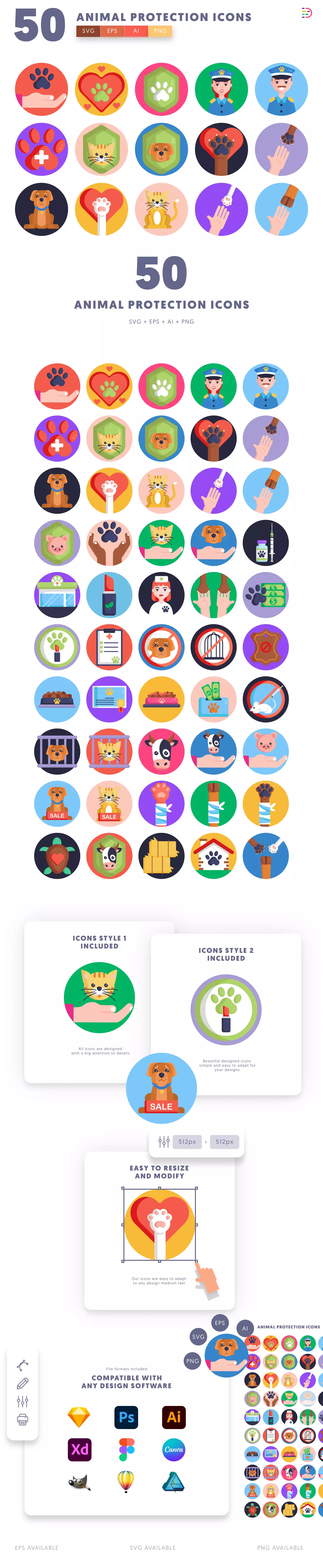 50 Animal Protection Icons cover – illustrated icons in PNG, SVG and EPS