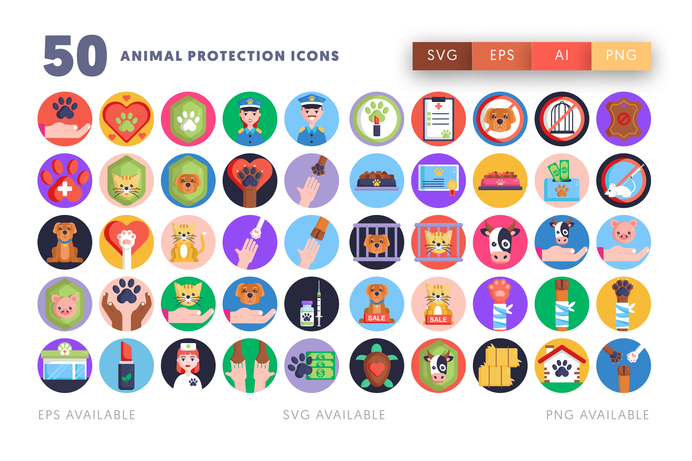 50 Animal Protection Icons – illustrated icon set