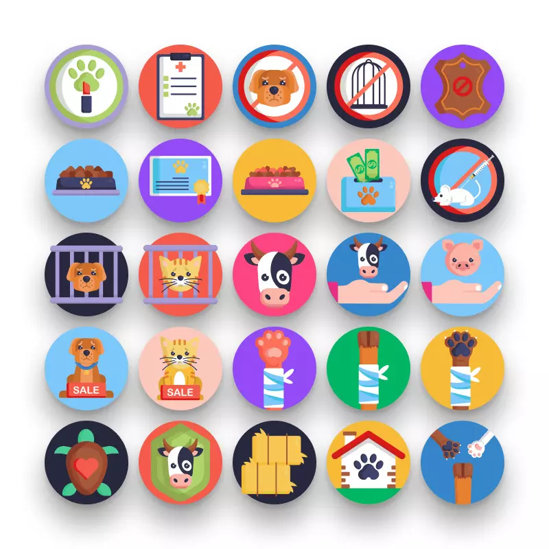 50 Animal Protection Icons – set of colorful illustrated icons