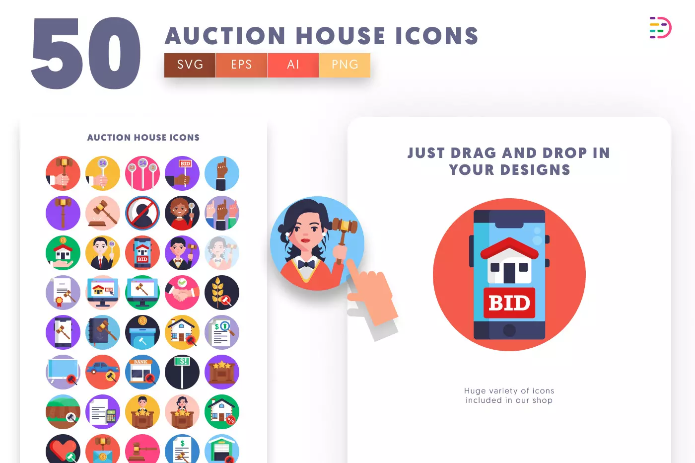 50 Auction House Icons preview 1 – flat circle icons in PNG, SVG and EPS