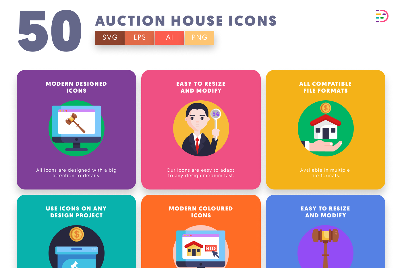 50 Auction House Icons preview 5 – flat circle icons in PNG, SVG and EPS