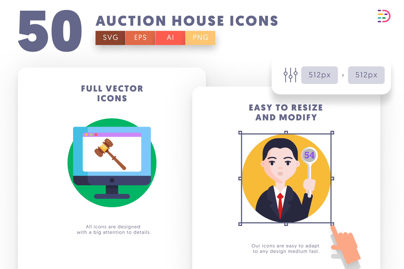 50 Auction House Icons preview 6 – flat circle icons in PNG, SVG and EPS