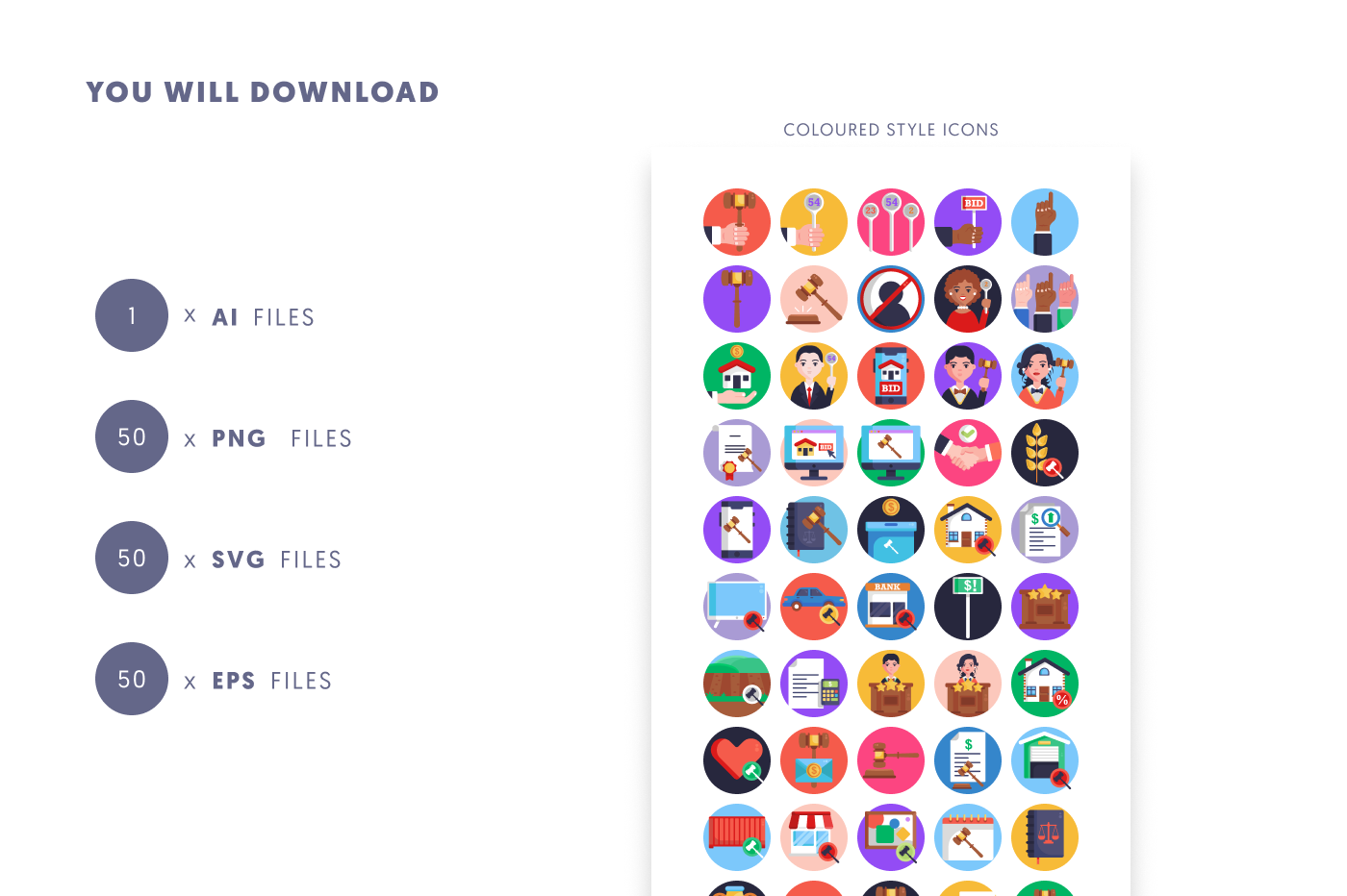 50 Auction House Icons preview 9 – flat circle icons in PNG, SVG and EPS