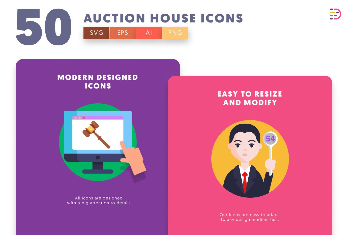 50 Auction House Icons cover – flat circle icons in PNG, SVG and EPS