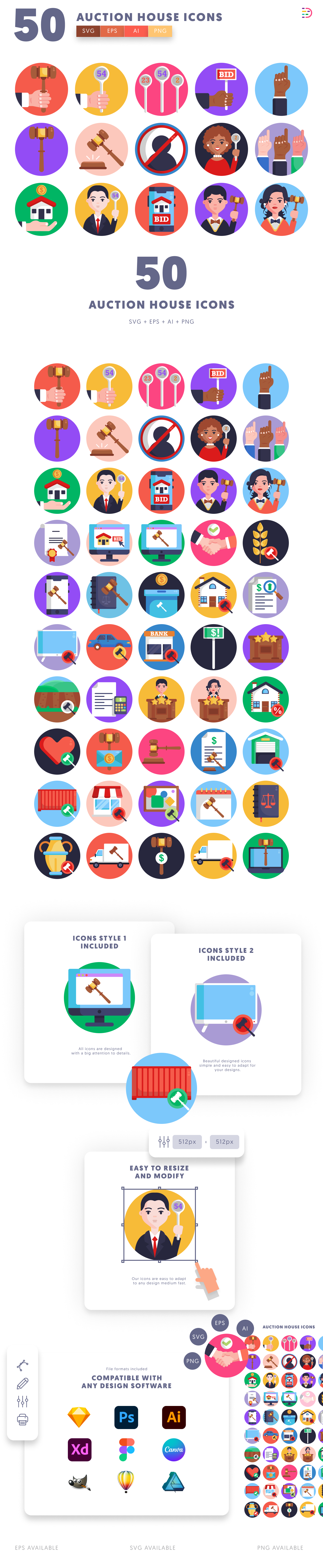 50 Auction House Icons cover – flat circle icons in PNG, SVG and EPS