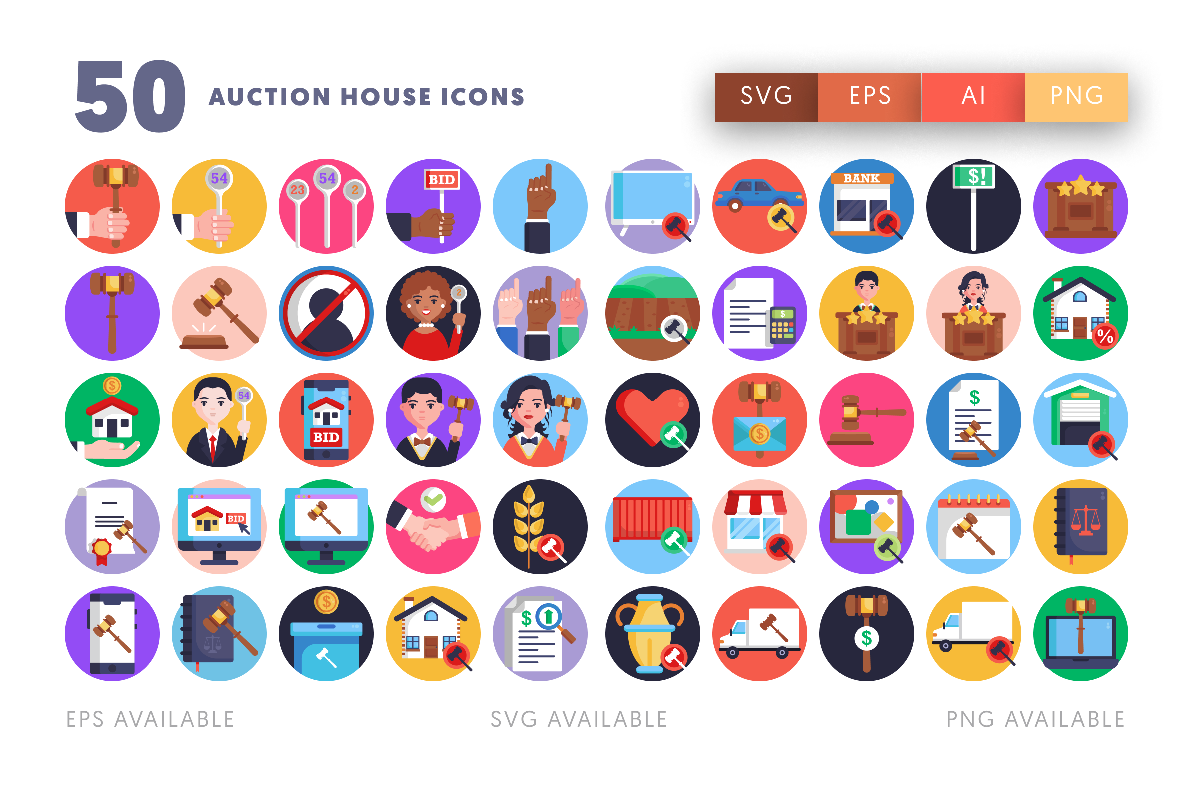 50 Auction House Icons – flat circle icon set