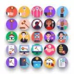 50 Auction House Icons – set of colorful flat circle icons