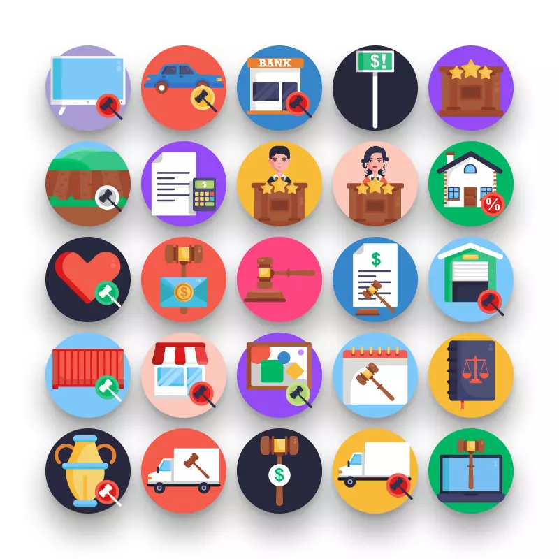 50 Auction House Icons – set of colorful flat circle icons