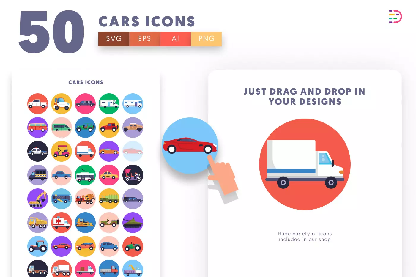 50 Cars Icons preview 1 – flat circle icons in PNG, SVG and EPS