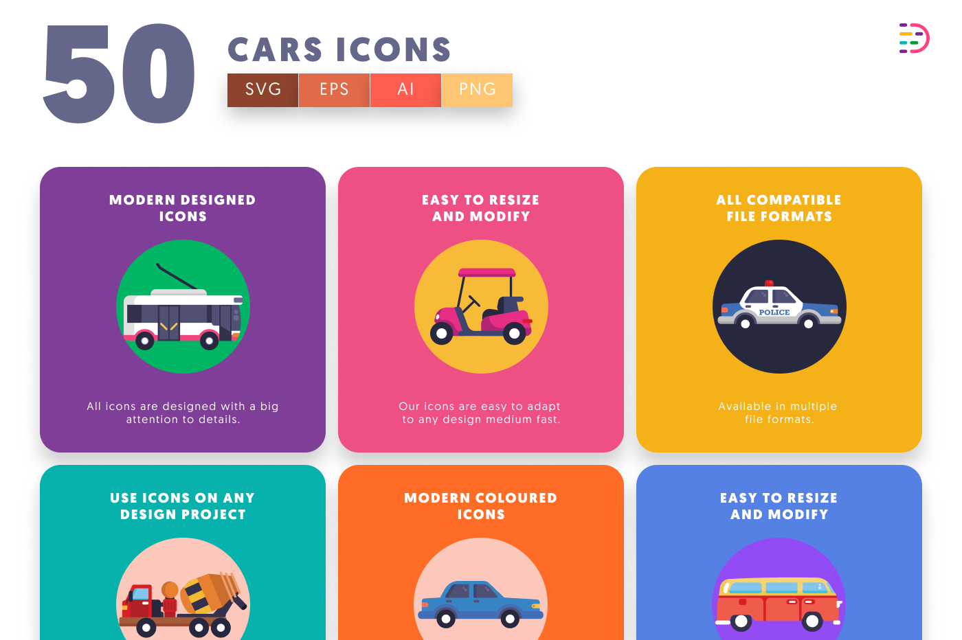 50 Cars Icons preview 5 – flat circle icons in PNG, SVG and EPS
