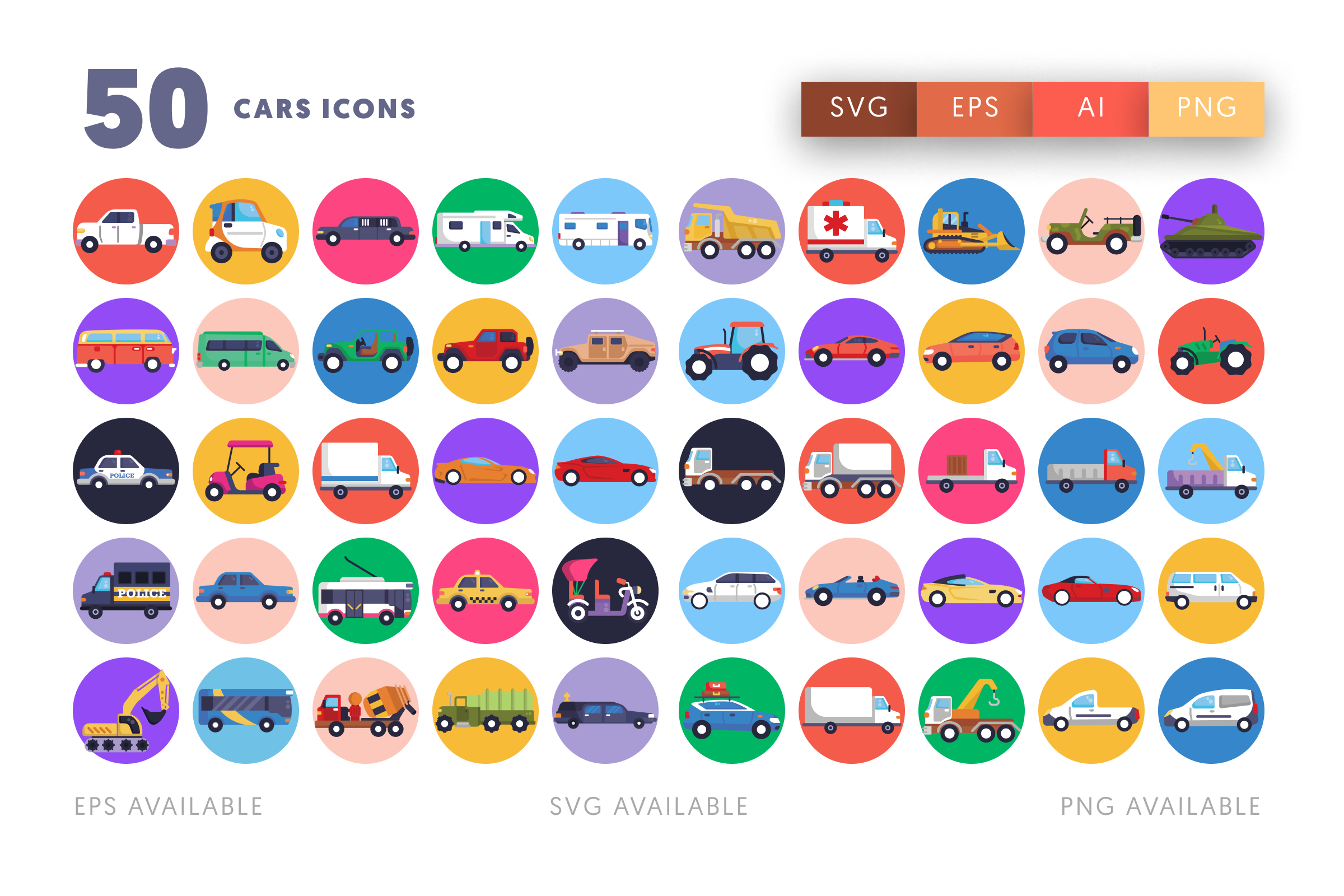 50 Cars Icons – flat circle icon set