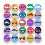 50 Cars Icons – set of colorful flat circle icons