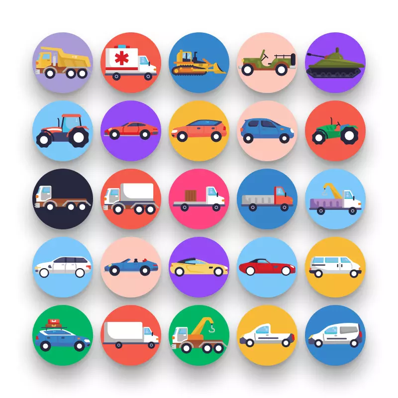 50 Cars Icons – set of colorful flat circle icons