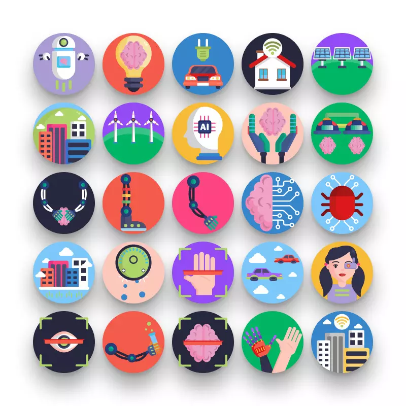 50 Future Technology Icons – set of colorful illustrated icons