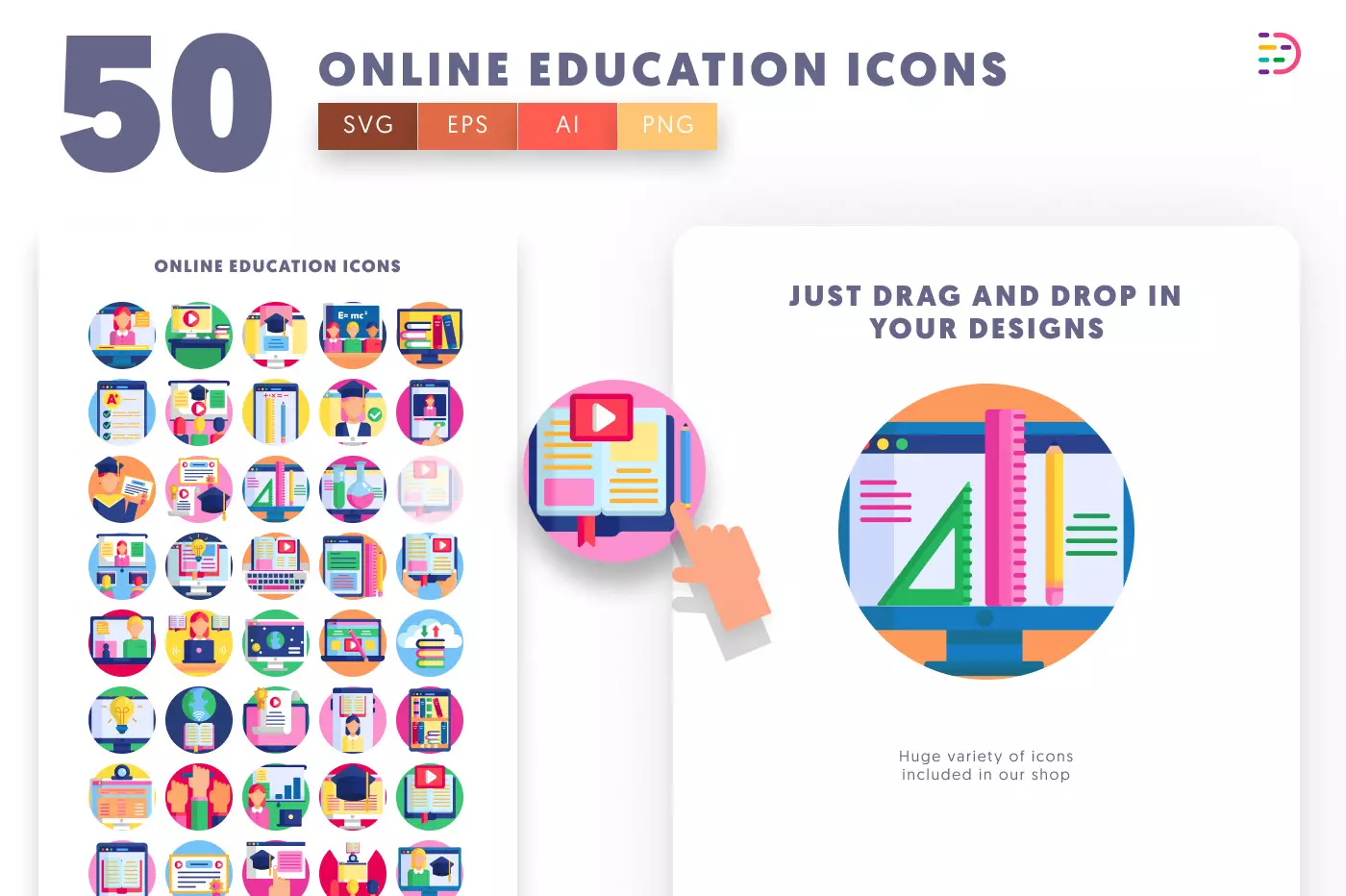 50 Online Education Icons preview 1 – illustrated icons in PNG, SVG and EPS