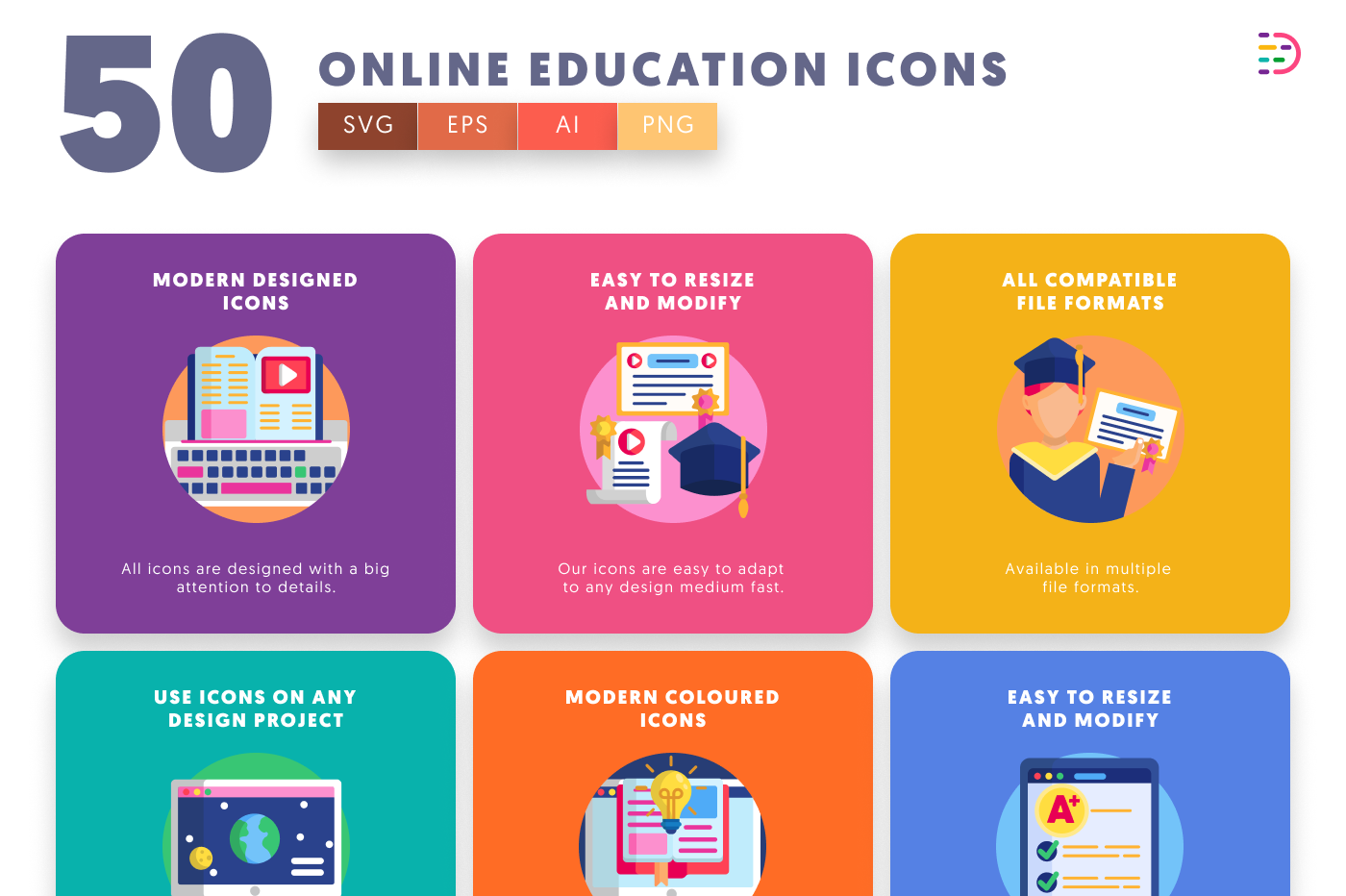 50 Online Education Icons preview 5 – illustrated icons in PNG, SVG and EPS