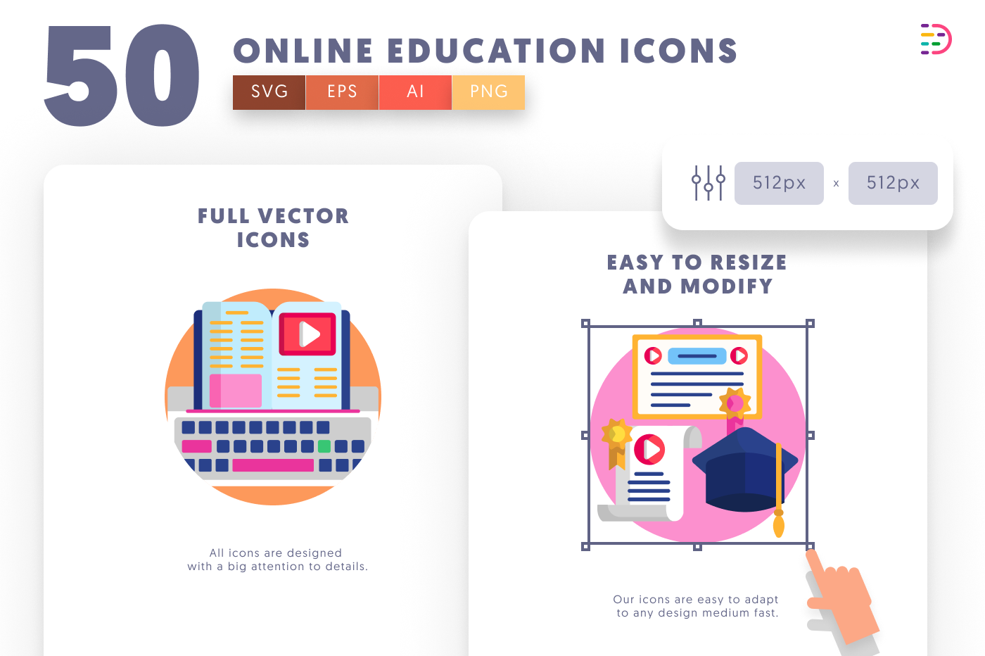 50 Online Education Icons preview 6 – illustrated icons in PNG, SVG and EPS