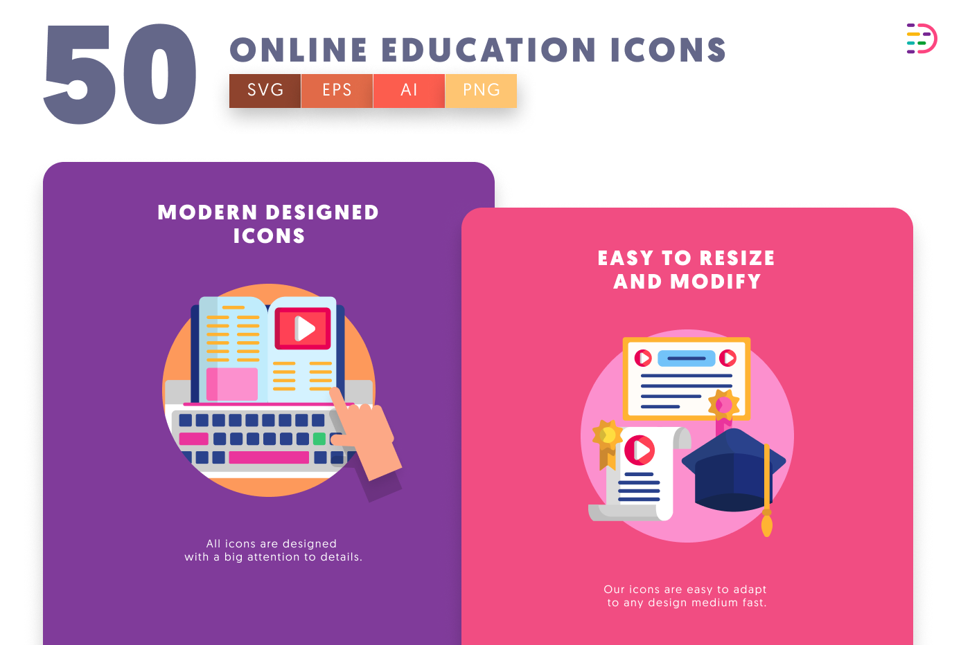 50 Online Education Icons cover – illustrated icons in PNG, SVG and EPS