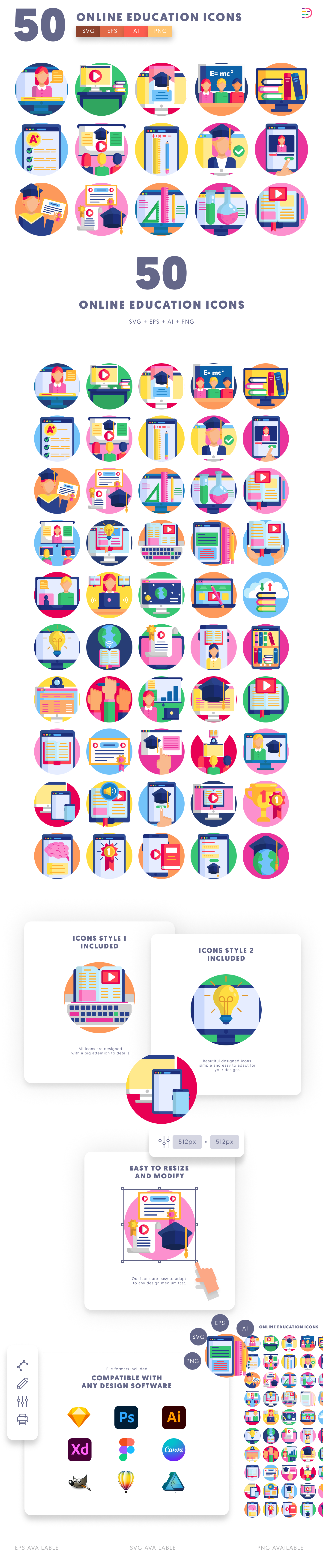 50 Online Education Icons cover – illustrated icons in PNG, SVG and EPS