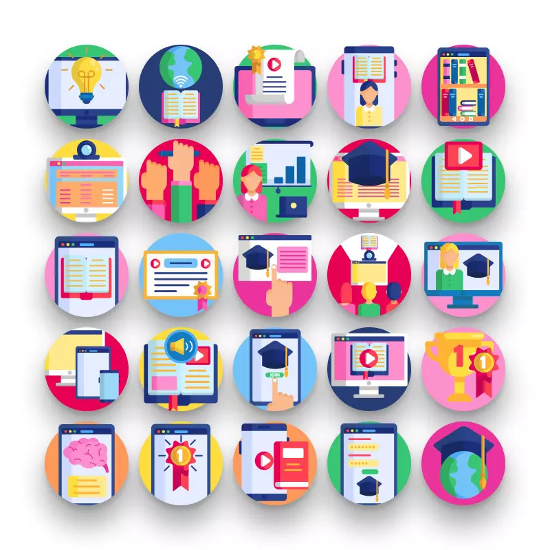 50 Online Education Icons – set of colorful illustrated icons