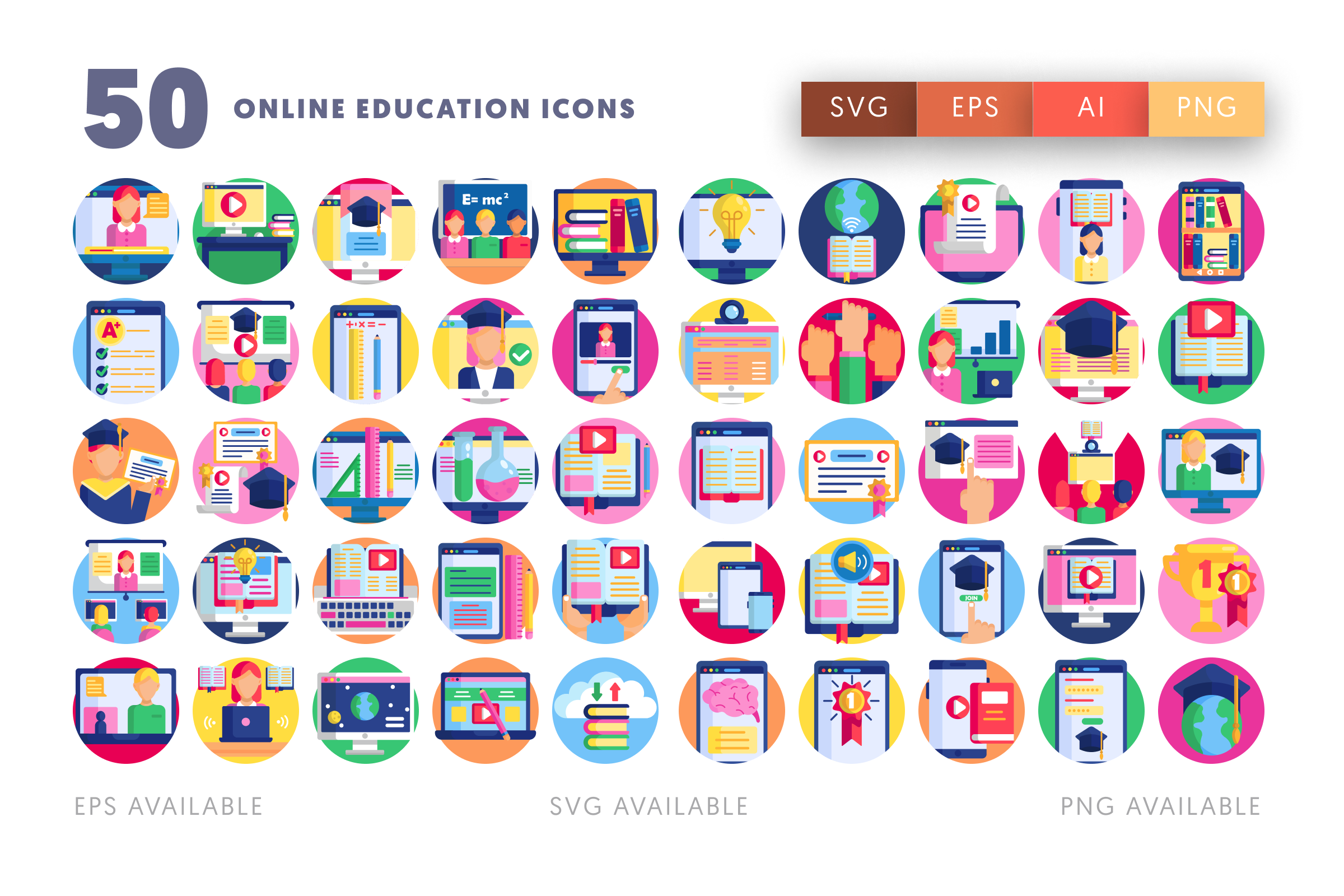 50 Online Education Icons – illustrated icon set