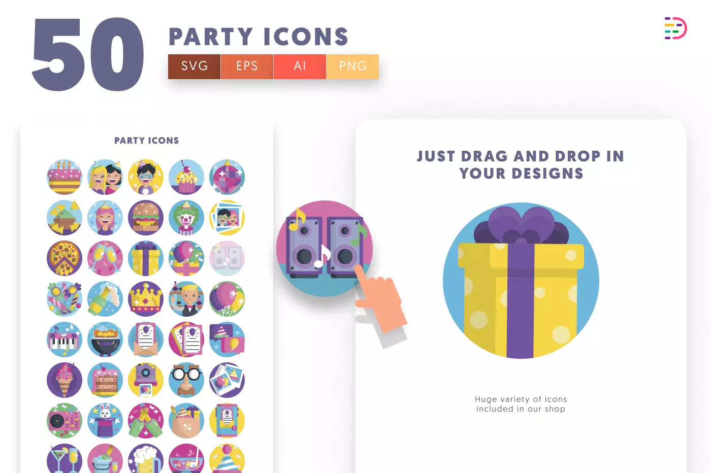 50 Party Icons preview 1 – illustrated icons in PNG, SVG and EPS