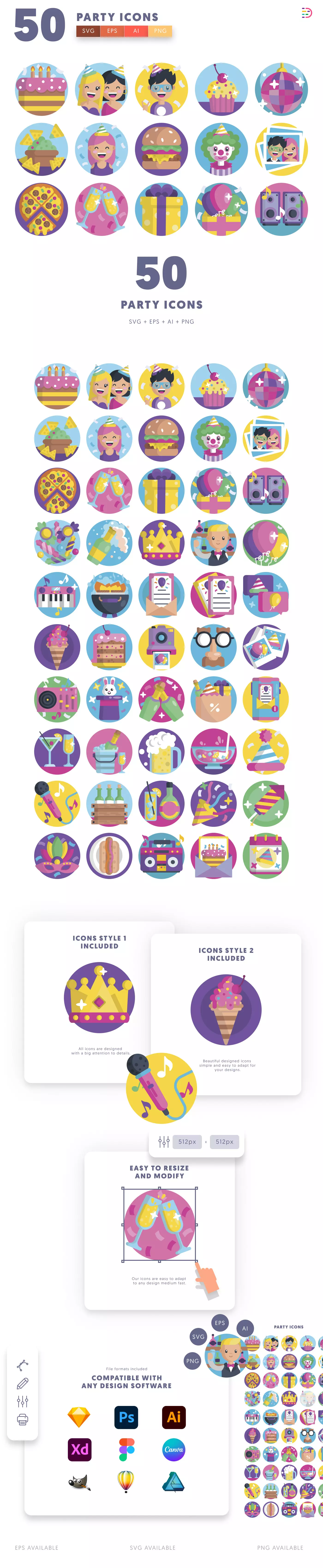 50 Party Icons cover – illustrated icons in PNG, SVG and EPS