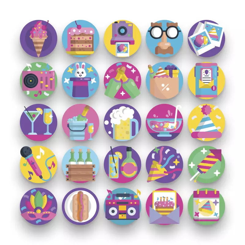 50 Party Icons – set of colorful illustrated icons