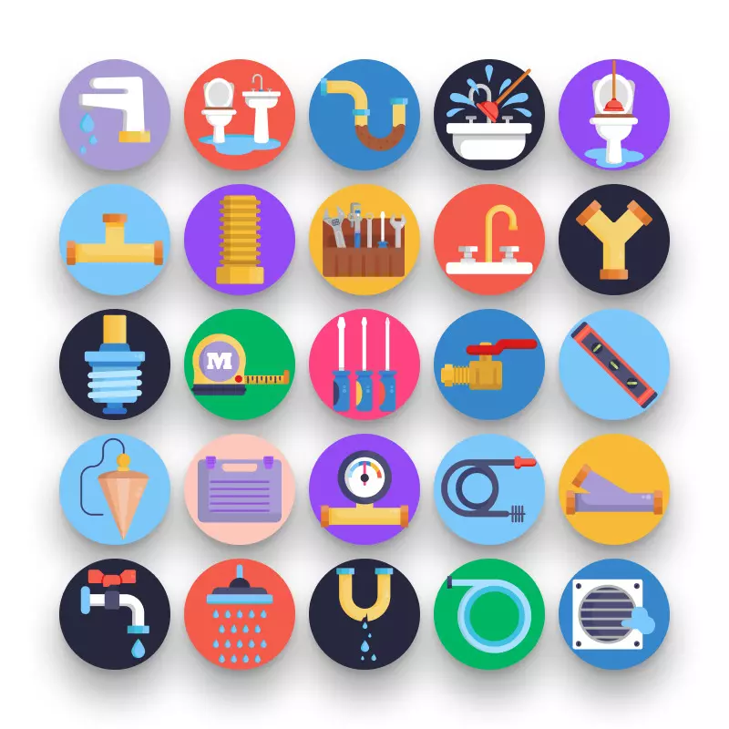 50 Plumbing Tools Icons – set of colorful illustrated icons