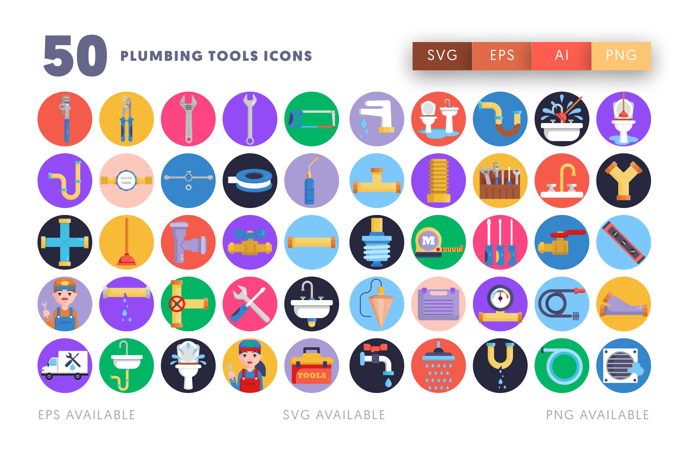 50 Plumbing Tools Icons – illustrated icon set