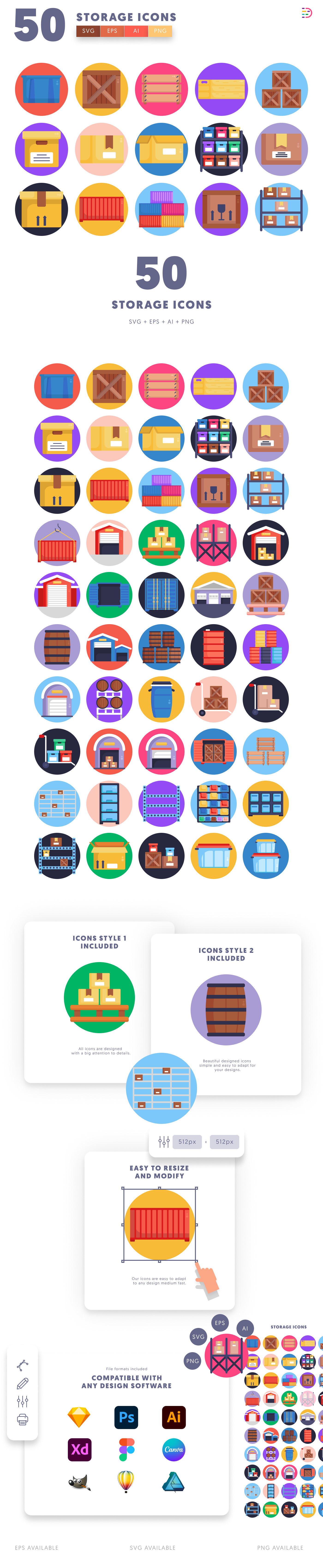 50 Storage Icons cover – illustrated icons in PNG, SVG and EPS