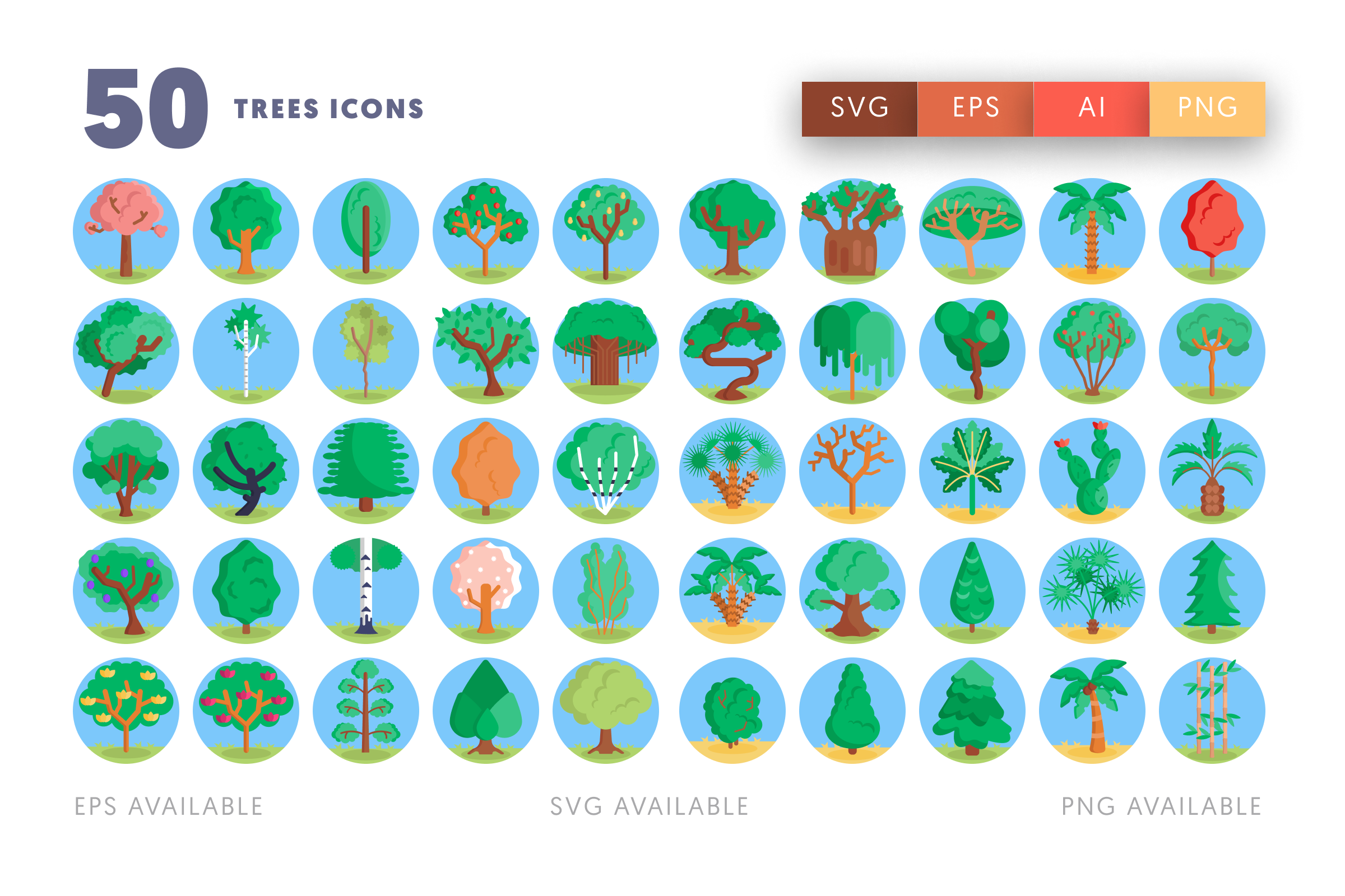 50 Trees Icons – illustrated icon set