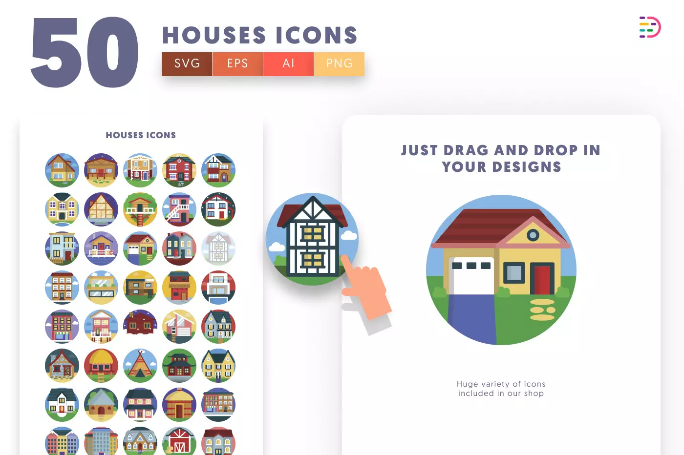 50 Houses Icons preview 1 – flat circle icons in PNG, SVG and EPS
