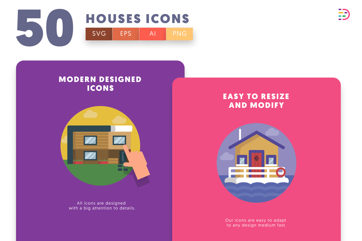 50 Houses Icons cover – flat circle icons in PNG, SVG and EPS