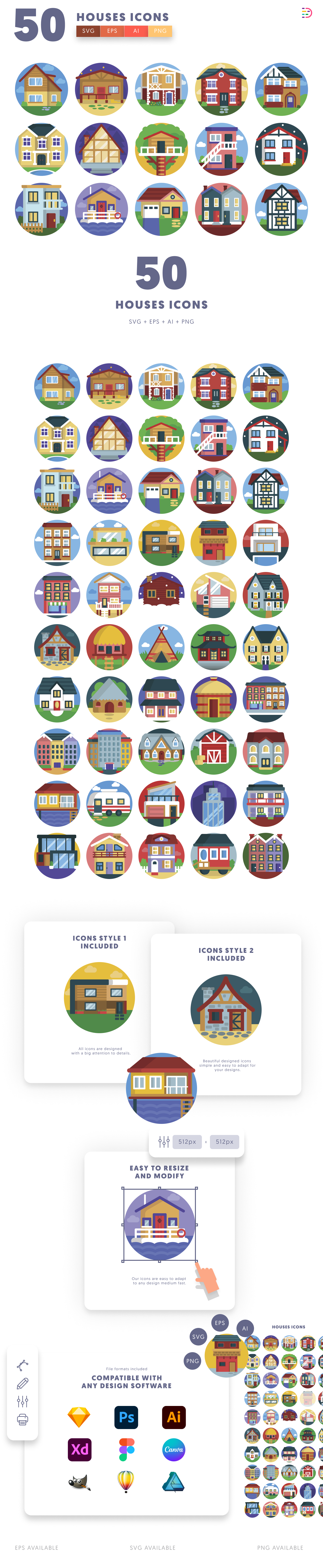 50 Houses Icons cover – flat circle icons in PNG, SVG and EPS
