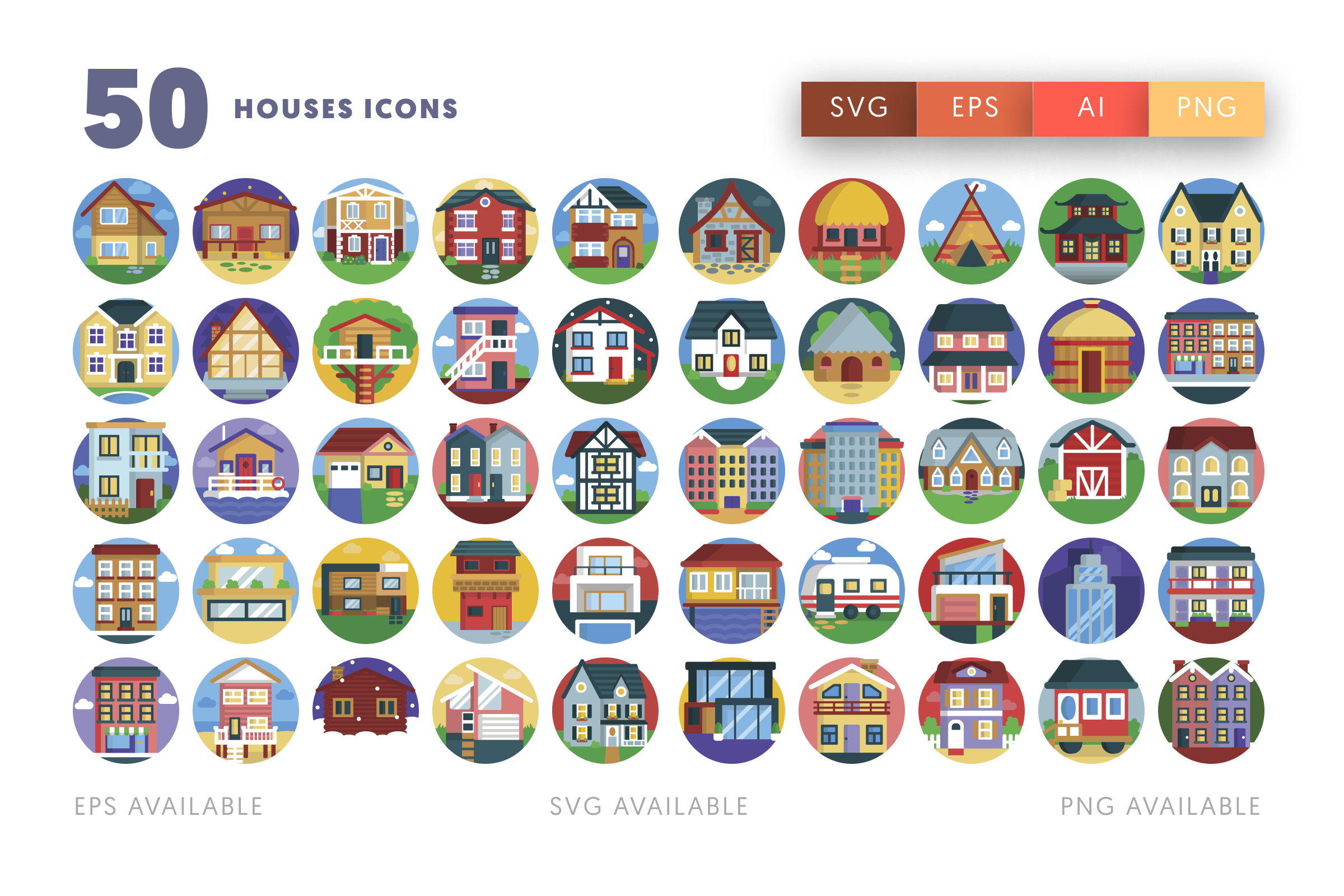 50 Houses Icons – flat circle icon set